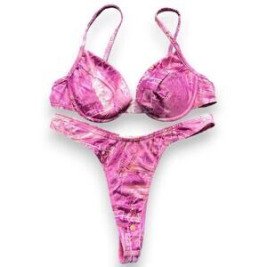 Vintage deadstock pink denim print thong bikini